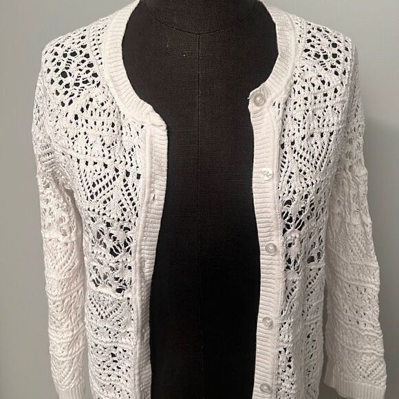 VanHeusen Women's Ivory Crochet Open Stitch Button Front Cardigan Sweater - Picture 5 of 6